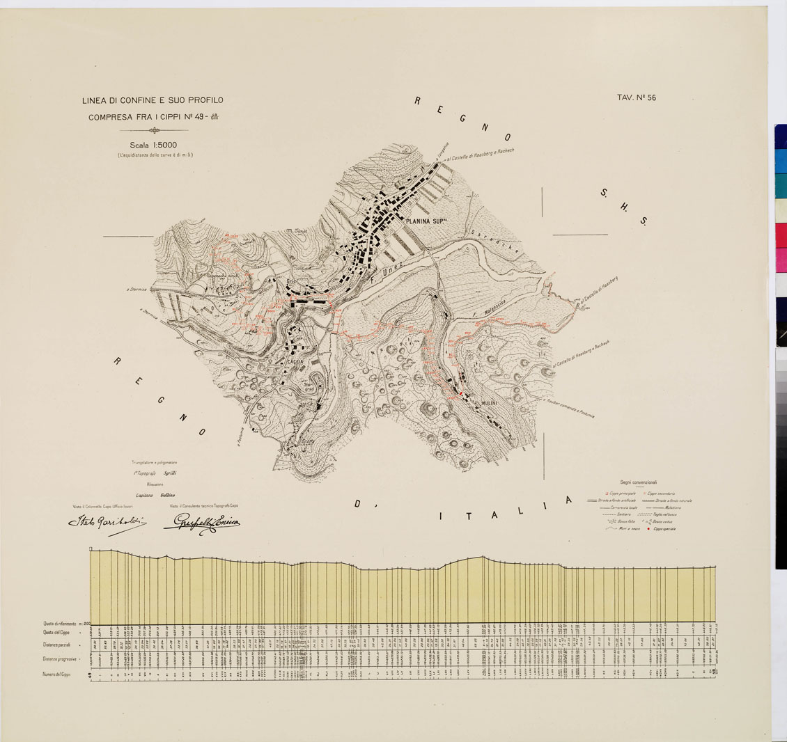 (N:8977) COMMISSIONE ITALO - S.H.S. PER LA DELIMITAZIONE E I CONFINI FRA IL REGNO DITALIA E IL REGNO S.H.S. RILIEVO DI CONFINE E SUO PROFILO - Tavola 56 (B0009460) Carte e stampe antiche: riproduzione a colori su carta (formato A1)