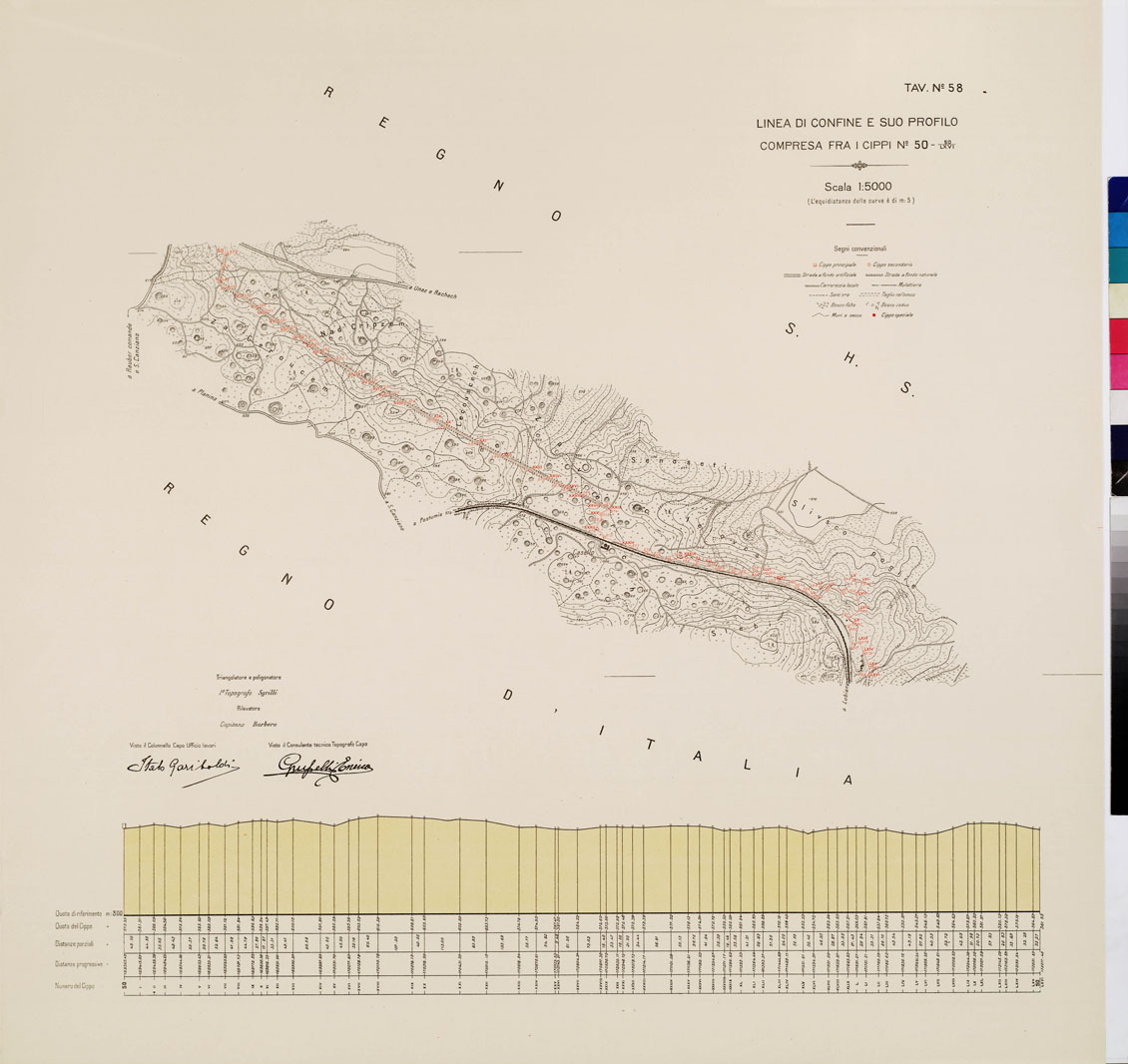 (N:8979) COMMISSIONE ITALO - S.H.S. PER LA DELIMITAZIONE E I CONFINI FRA IL REGNO DITALIA E IL REGNO S.H.S. RILIEVO DI CONFINE E SUO PROFILO - Tavola 58 (B0009462) Carte e stampe antiche: riproduzione a colori su carta (formato A1)