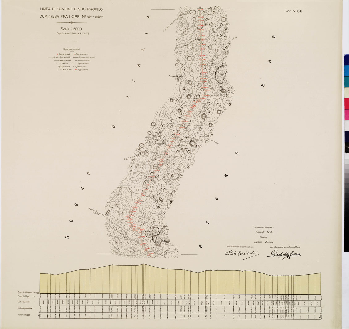 (N:8981) COMMISSIONE ITALO - S.H.S. PER LA DELIMITAZIONE E I CONFINI FRA IL REGNO DITALIA E IL REGNO S.H.S. RILIEVO DI CONFINE E SUO PROFILO - Tavola 60 (B0009464) Carte e stampe antiche: riproduzione a colori su carta (formato A1)