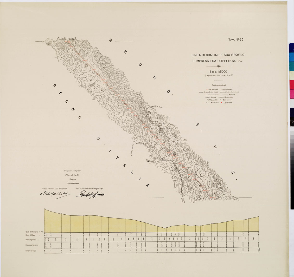 (N:8984) COMMISSIONE ITALO - S.H.S. PER LA DELIMITAZIONE E I CONFINI FRA IL REGNO DITALIA E IL REGNO S.H.S. RILIEVO DI CONFINE E SUO PROFILO - Tavola 63 (B0009467) Carte e stampe antiche: riproduzione a colori su carta (formato A1)