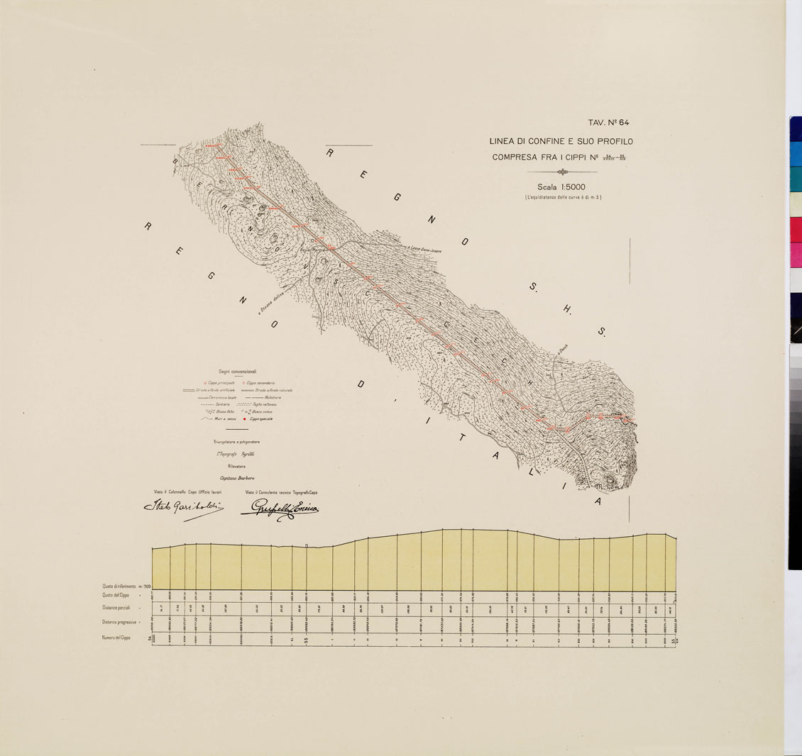 (N:8985) COMMISSIONE ITALO - S.H.S. PER LA DELIMITAZIONE E I CONFINI FRA IL REGNO DITALIA E IL REGNO S.H.S. RILIEVO DI CONFINE E SUO PROFILO - Tavola 64 (B0009468) Carte e stampe antiche: riproduzione a colori su carta (formato A1)