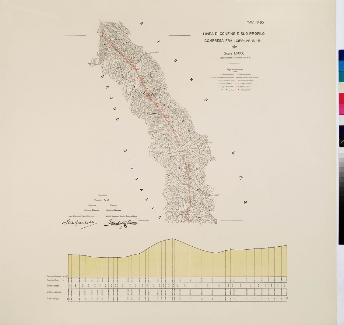 (N:8986) COMMISSIONE ITALO - S.H.S. PER LA DELIMITAZIONE E I CONFINI FRA IL REGNO DITALIA E IL REGNO S.H.S. RILIEVO DI CONFINE E SUO PROFILO - Tavola 65 (B0009469) Carte e stampe antiche: riproduzione a colori su carta (formato A1)