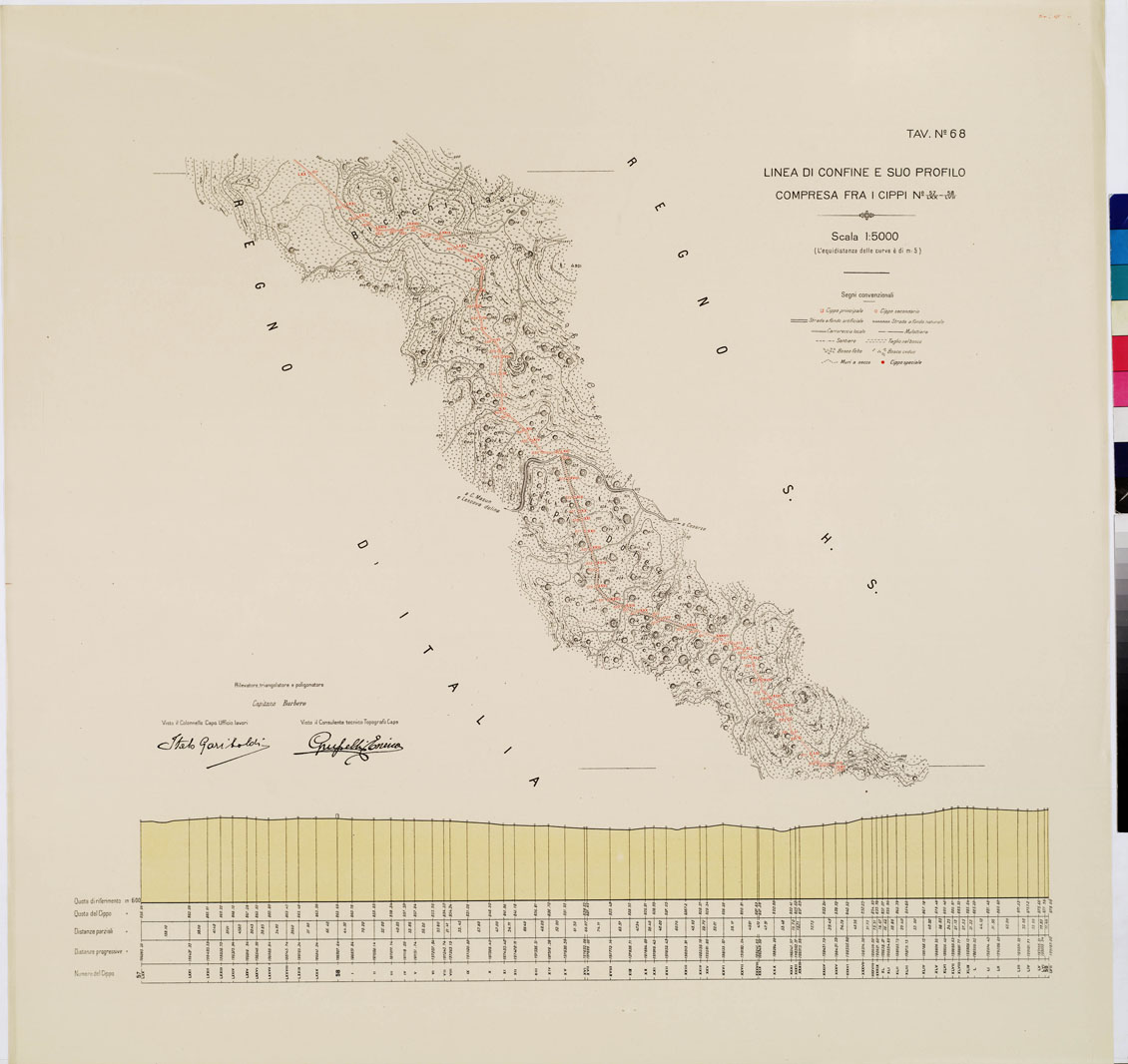 (N:8989) COMMISSIONE ITALO - S.H.S. PER LA DELIMITAZIONE E I CONFINI FRA IL REGNO DITALIA E IL REGNO S.H.S. RILIEVO DI CONFINE E SUO PROFILO - Tavola 68 (B0009472) Carte e stampe antiche: riproduzione a colori su carta (formato A1)