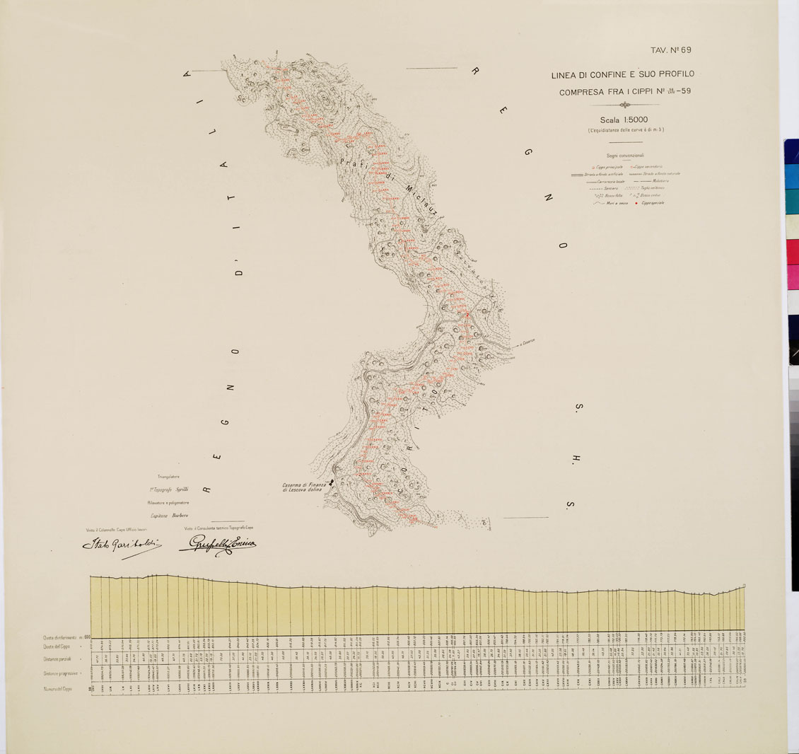 (N:8990) COMMISSIONE ITALO - S.H.S. PER LA DELIMITAZIONE E I CONFINI FRA IL REGNO DITALIA E IL REGNO S.H.S. RILIEVO DI CONFINE E SUO PROFILO - Tavola 69 (B0009473) Carte e stampe antiche: riproduzione a colori su carta (formato A1)