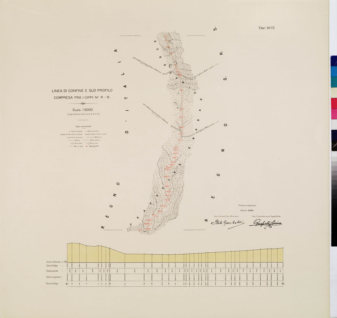 (N:8993) COMMISSIONE ITALO - S.H.S. PER LA DELIMITAZIONE E I CONFINI FRA IL REGNO DITALIA E IL REGNO S.H.S. RILIEVO DI CONFINE E SUO PROFILO - Tavola 72 (B0009476) Carte e stampe antiche: riproduzione a colori su carta (formato A1)
