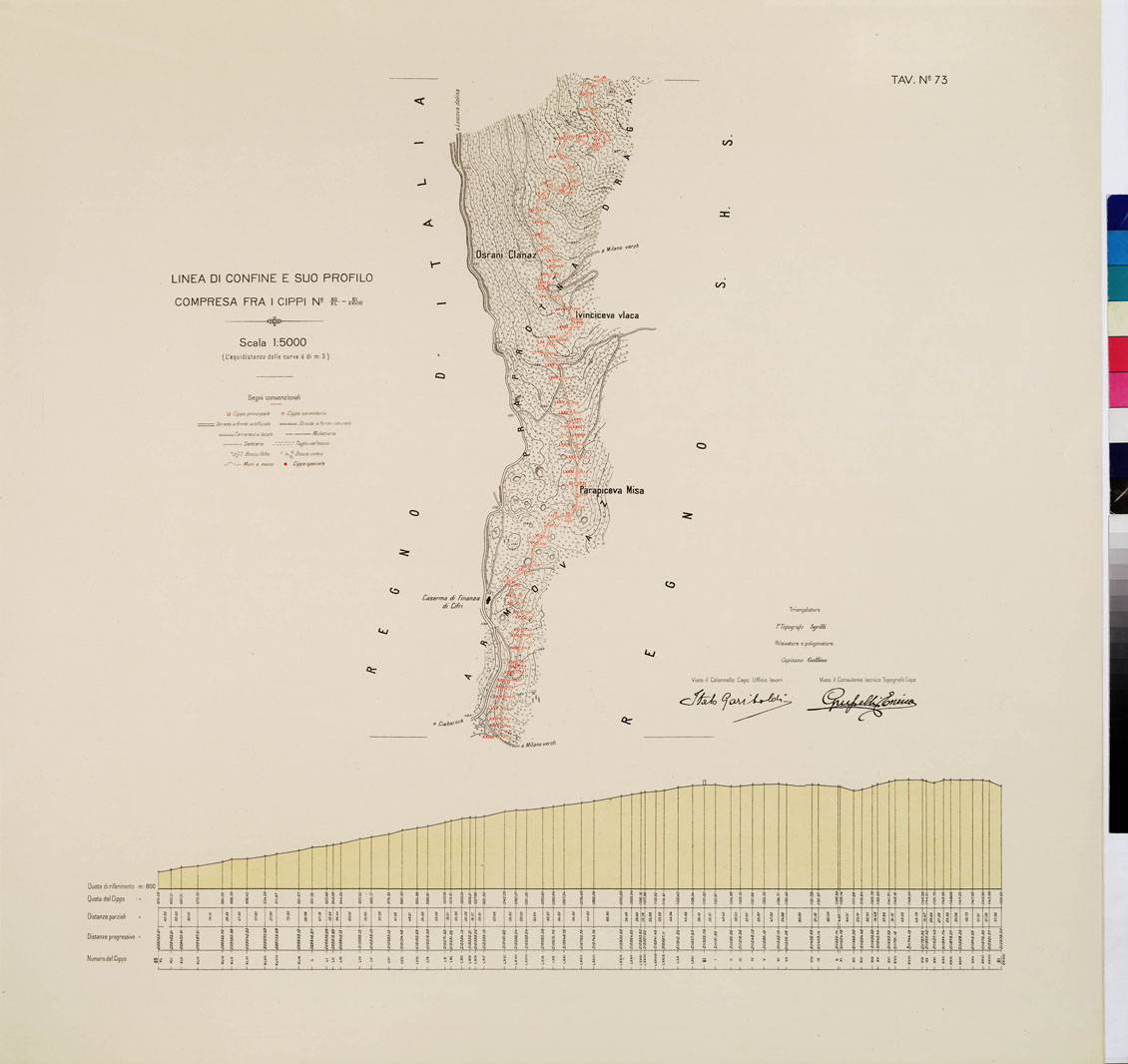 (N:8994) COMMISSIONE ITALO - S.H.S. PER LA DELIMITAZIONE E I CONFINI FRA IL REGNO DITALIA E IL REGNO S.H.S. RILIEVO DI CONFINE E SUO PROFILO - Tavola 73 (B0009477) Carte e stampe antiche: riproduzione a colori su carta (formato A1)