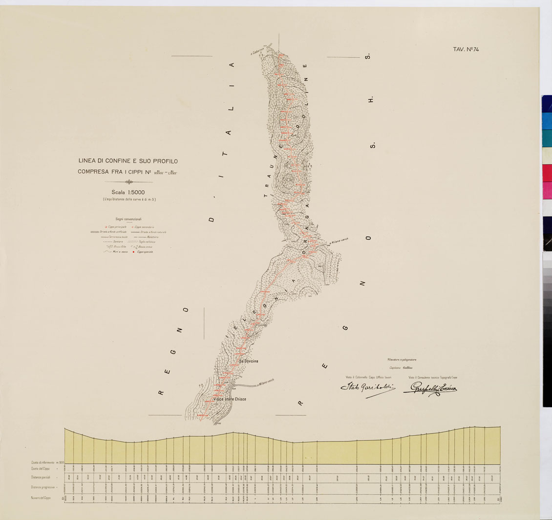 (N:8995) COMMISSIONE ITALO - S.H.S. PER LA DELIMITAZIONE E I CONFINI FRA IL REGNO DITALIA E IL REGNO S.H.S. RILIEVO DI CONFINE E SUO PROFILO - Tavola 74 (B0009478) Carte e stampe antiche: riproduzione a colori su carta (formato A1)
