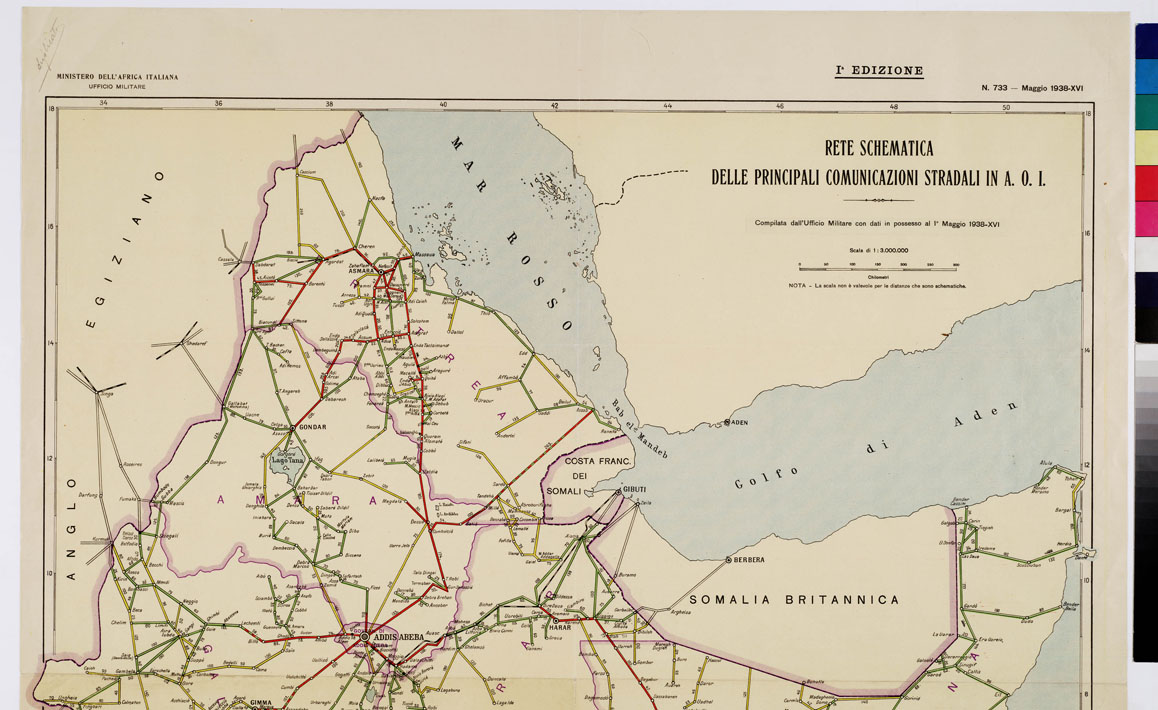 (N:14865) RETE SCHEMATICA DELLE PRINCIPALI COMUNICAZIONI STRADALI IN A.O.I. (B0009829, B0009830, B9829-30) Carte e stampe antiche: riproduzione a colori su carta (formato A1)