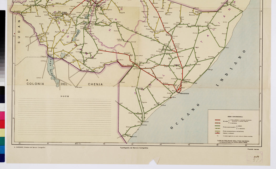 (N:14865) RETE SCHEMATICA DELLE PRINCIPALI COMUNICAZIONI STRADALI IN A.O.I. (B0009829, B0009830, B9829-30) Carte e stampe antiche: riproduzione a colori su carta (formato A1)