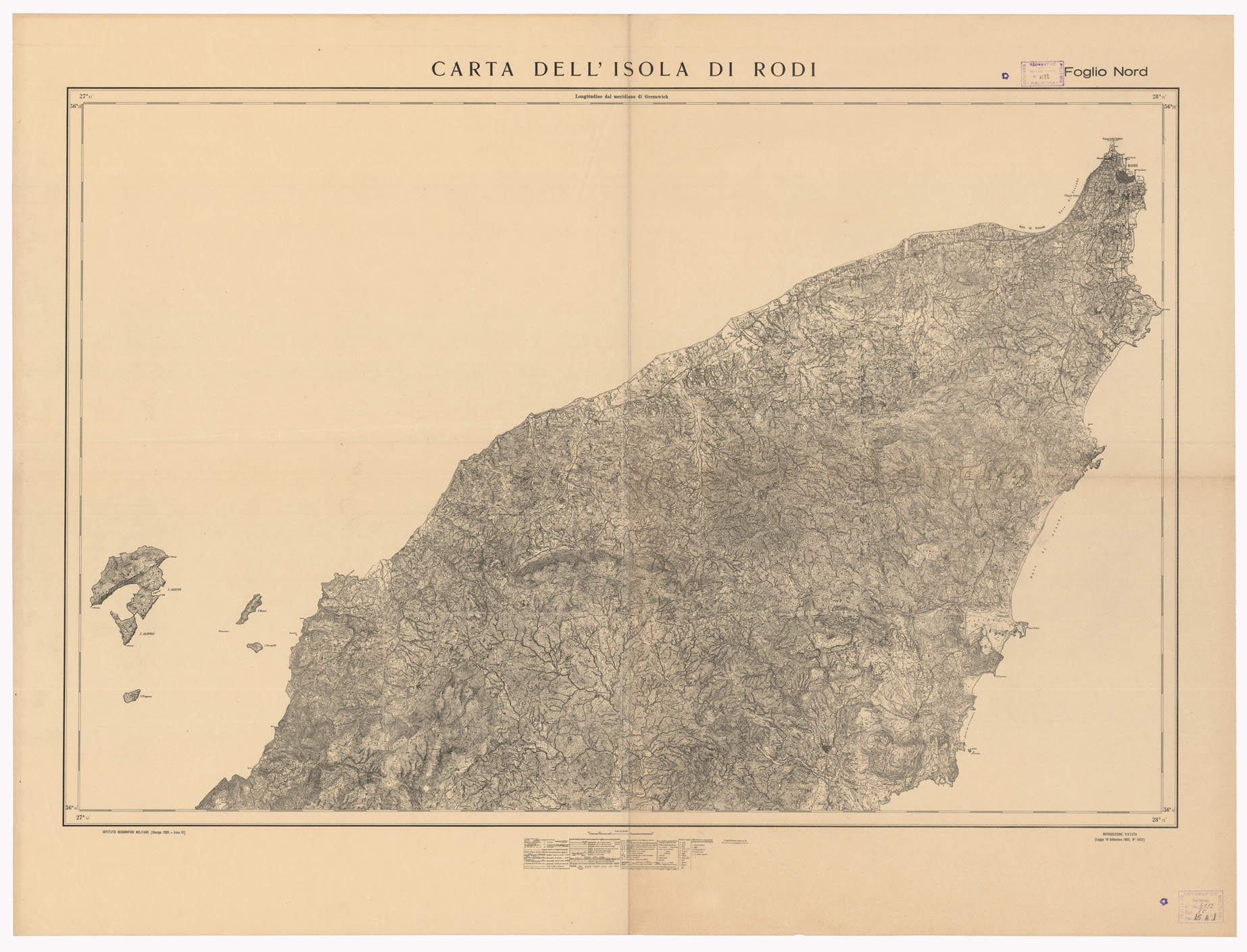 (N:8496) CARTA DELL'ISOLA DI RODI - Foglio Nord (B0010019) Carte e stampe antiche: riproduzione a colori su carta (formato A1)