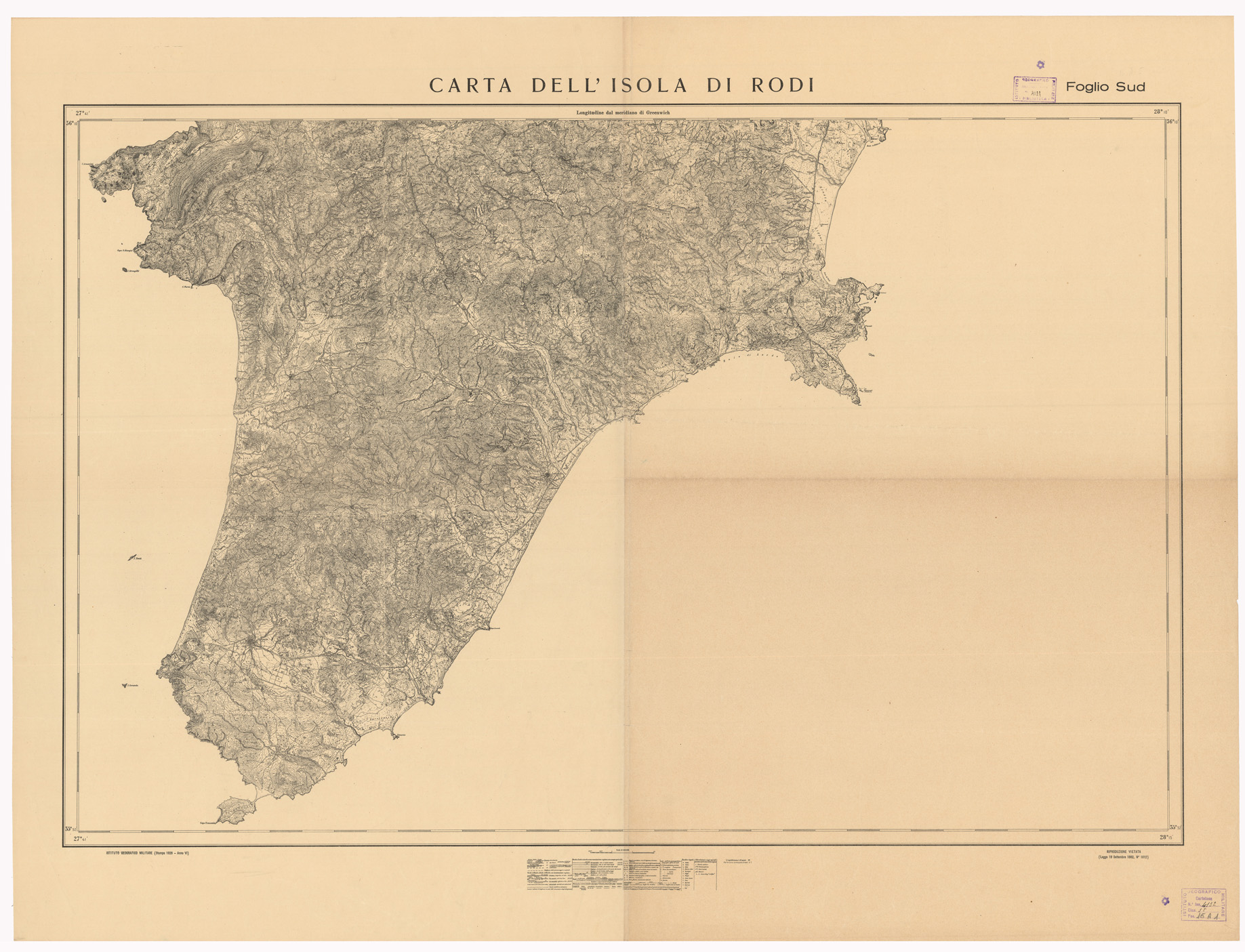 (N:8498) CARTE DELL'ISOLA DI RODI - Foglio Sud (B0010021) Carte e stampe antiche: riproduzione a colori su carta (formato A1)