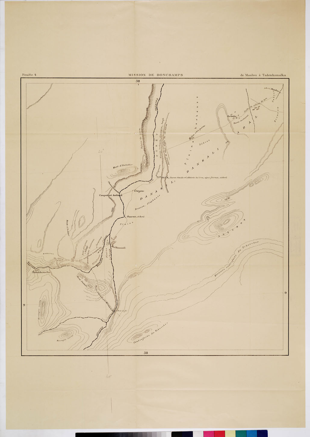 (N:12827) MISSION DE BONCHAMPS DE DJIBOUTI AU NIL BLANC D'APRES LES TRAVAUX DE M.RS L. BARTHOLIN, CH. MICHEL, FAIVRE ET M. POTTER. CARTE D'ENSEMBLE PAR CH. MICHEL SECOND DE LA MISSION 1897 - 1898 DESSIN DE J. HANSEN - Foglio 4 - Da Moulou a Tadetchamalka (B0010176) Carte e stampe antiche: riproduzione a colori su carta (formato A1)