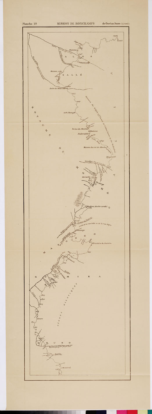 (N:12819) MISSION DE BONCHAMPS DE DJIBOUTI AU NIL BLANC D'APRES LES TRAVAUX DE M.RS L. BARTHOLIN, CH. MICHEL, FAIVRE ET M. POTTER. CARTE D'ENSEMBLE PAR CH. MICHEL SECOND DE LA MISSION 1897 - 1898 DESSIN DE J. HANSEN - Foglio 10 - De Gor au Souro (B0010185) Carte e stampe antiche: riproduzione a colori su carta (formato A1)