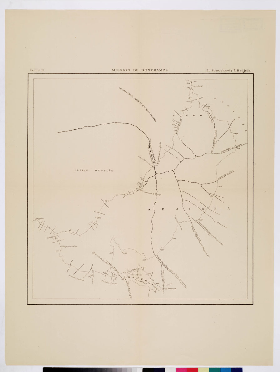 (N:12820) MISSION DE BONCHAMPS DE DJIBOUTI AU NIL BLANC D'APRES LES TRAVAUX DE M.RS L. BARTHOLIN, CH. MICHEL, FAIVRE ET M. POTTER. CARTE D'ENSEMBLE PAR CH. MICHEL SECOND DE LA MISSION 1897 - 1898 DESSIN DE J. HANSEN - Foglio 11 - Du Souro a Badjella (B0010186) Carte e stampe antiche: riproduzione a colori su carta (formato A1)