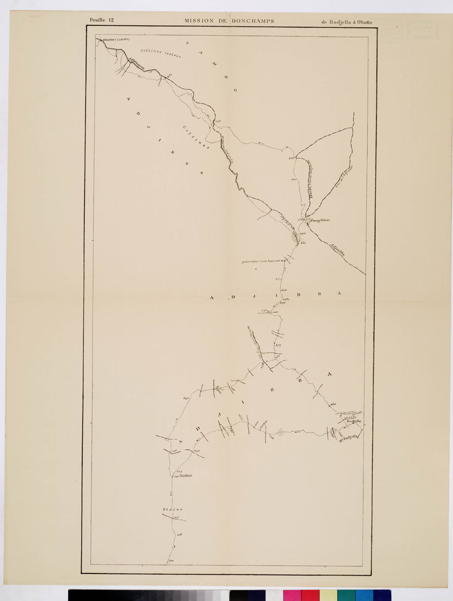 (N:12821) MISSION DE BONCHAMPS DE DJIBOUTI AU NIL BLANC D'APRES LES TRAVAUX DE M.RS L. BARTHOLIN, CH. MICHEL, FAIVRE ET M. POTTER. CARTE D'ENSEMBLE PAR CH. MICHEL SECOND DE LA MISSION 1897 - 1898 DESSIN DE J. HANSEN - Foglio 12 - De Badjella a Obotte (B0010187) Carte e stampe antiche: riproduzione a colori su carta (formato A1)