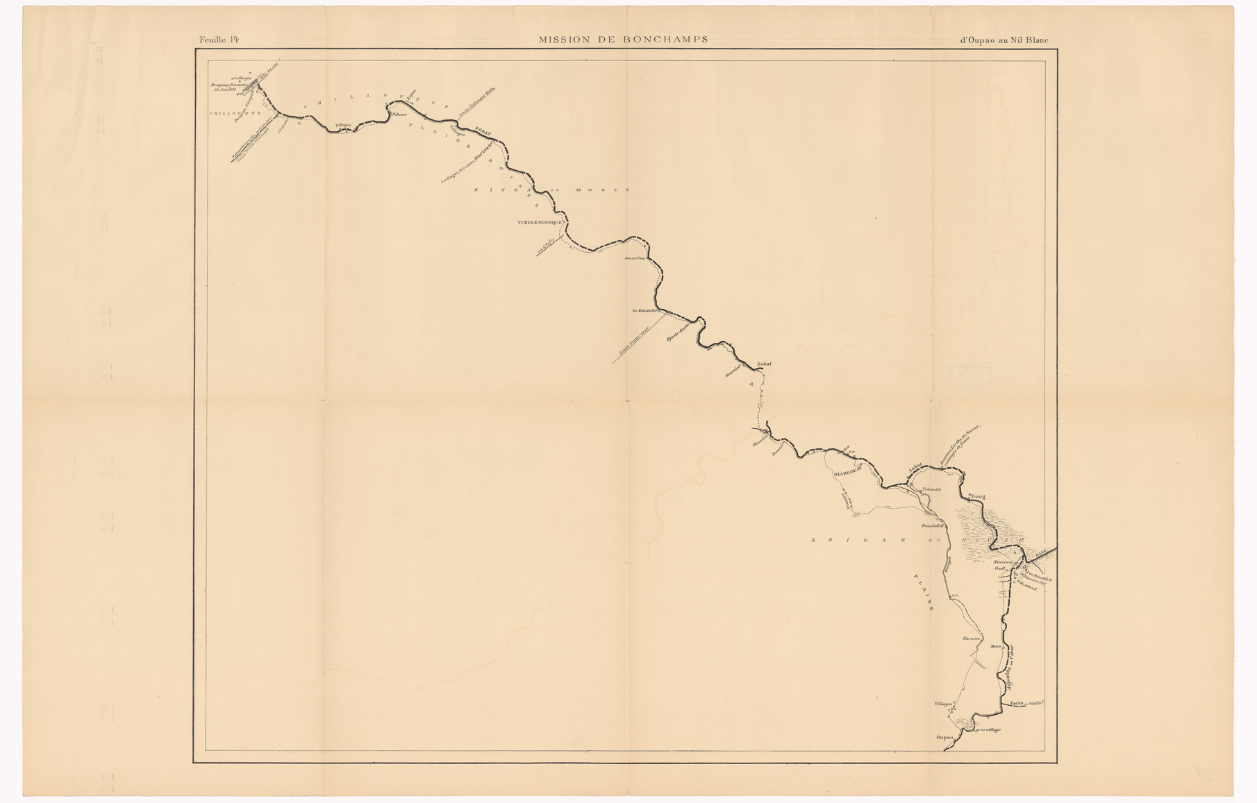 (N:12823) MISSION DE BONCHAMPS DE DJIBOUTI AU NIL BLANC D'APRES LES TRAVAUX DE M.RS L. BARTHOLIN, CH. MICHEL, FAIVRE ET M. POTTER. CARTE D'ENSEMBLE PAR CH. MICHEL SECOND DE LA MISSION 1897 - 1898 DESSIN DE J. HANSEN - Foglio 14 - D'Oupao au Nil Blanc (B0010189) Carte e stampe antiche: riproduzione a colori su carta (formato A1)