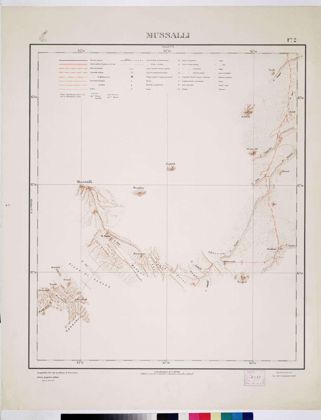(N:1434) CARTA DEI CONFINI A.O.I. SOMALIA FRANCESE - Foglio 2 - Mussalli (B0010206) Carte e stampe antiche: riproduzione a colori su carta (formato A1)