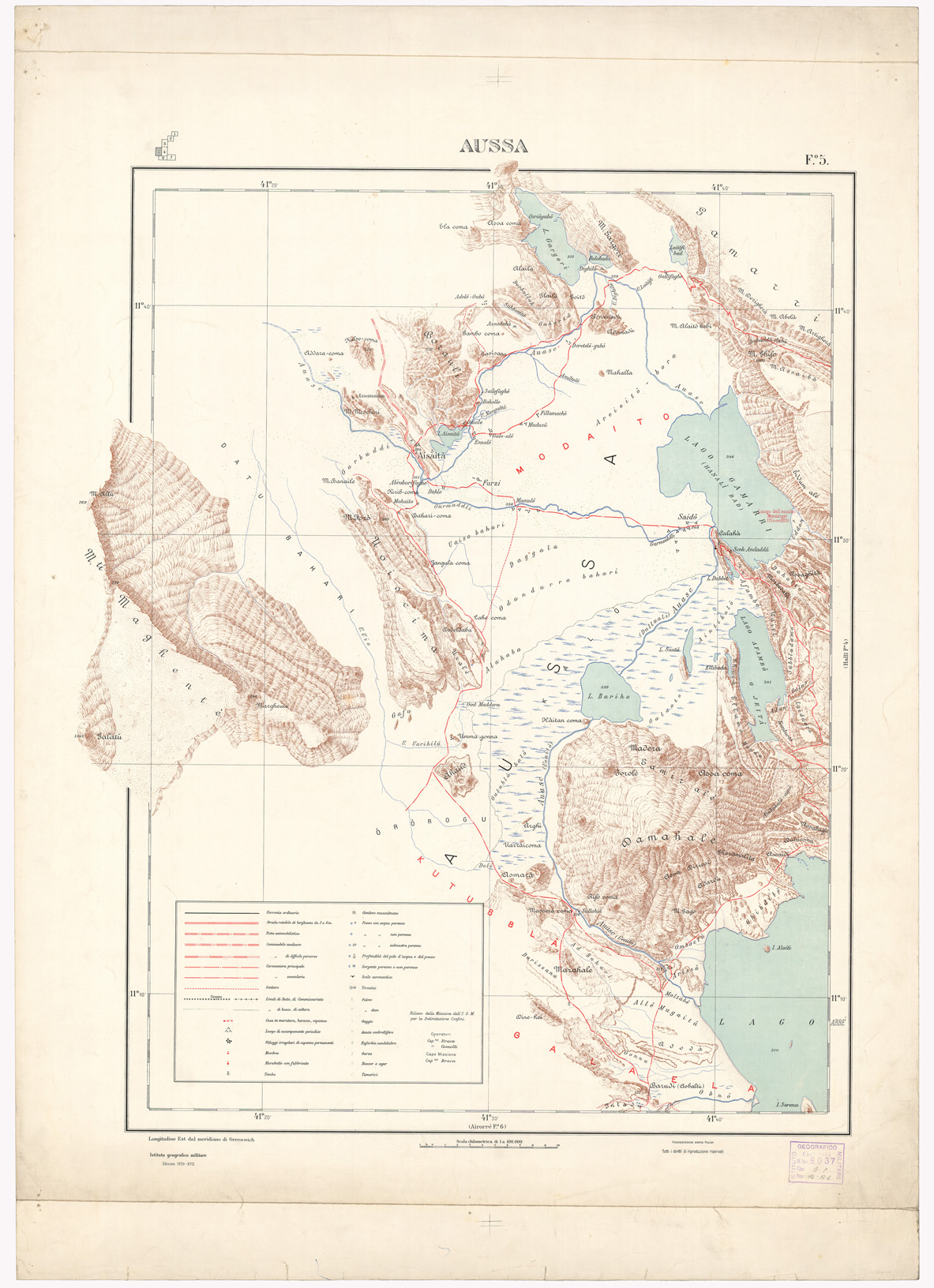 (N:1438) CARTA DEI CONFINI A.O.I. SOMALIA FRANCESE - Foglio 5 - Aussa (B0010210) Carte e stampe antiche: riproduzione a colori su carta (formato A1)