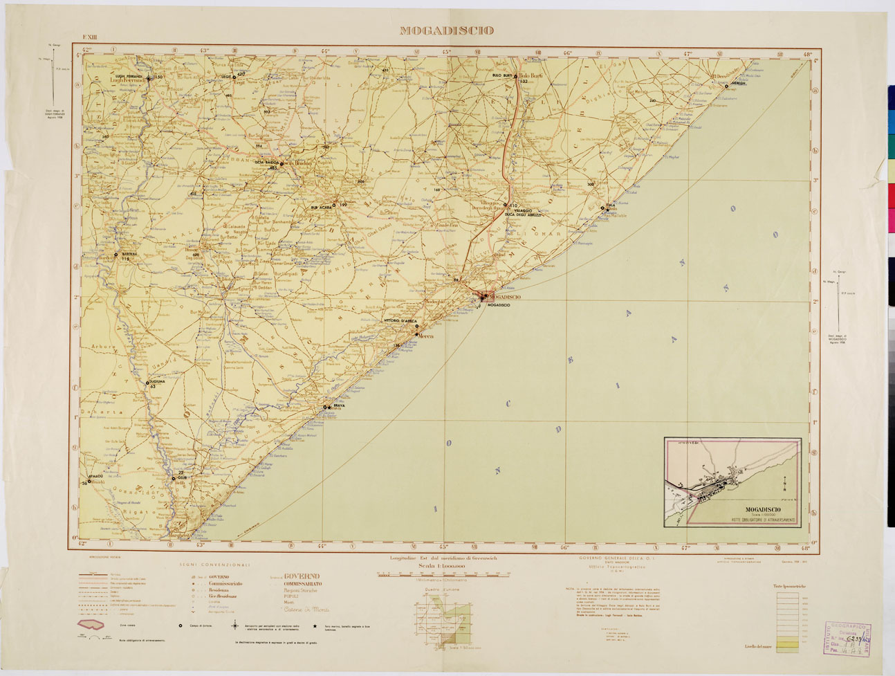 (N:2505) CARTA DELL'AFRICA ORIENTALE ITALIANA-TIPO AVIAZIONE ANNO 1938 - Foglio 13 - Mogadiscio (B0010228) Carte e stampe antiche: riproduzione a colori su carta (formato A1)