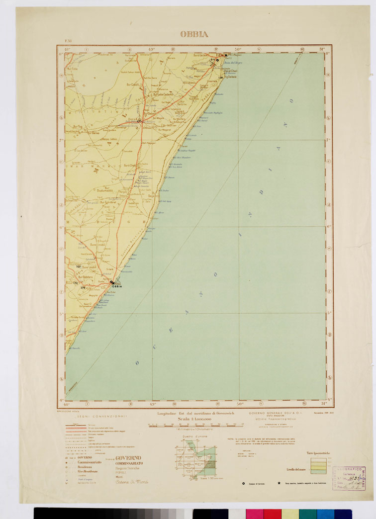 (N:2503) CARTA DELL'AFRICA ORIENTALE ITALIANA-TIPO AVIAZIONE ANNO 1938 - Foglio 11 - Obbia (B0010230) Carte e stampe antiche: riproduzione a colori su carta (formato A1)