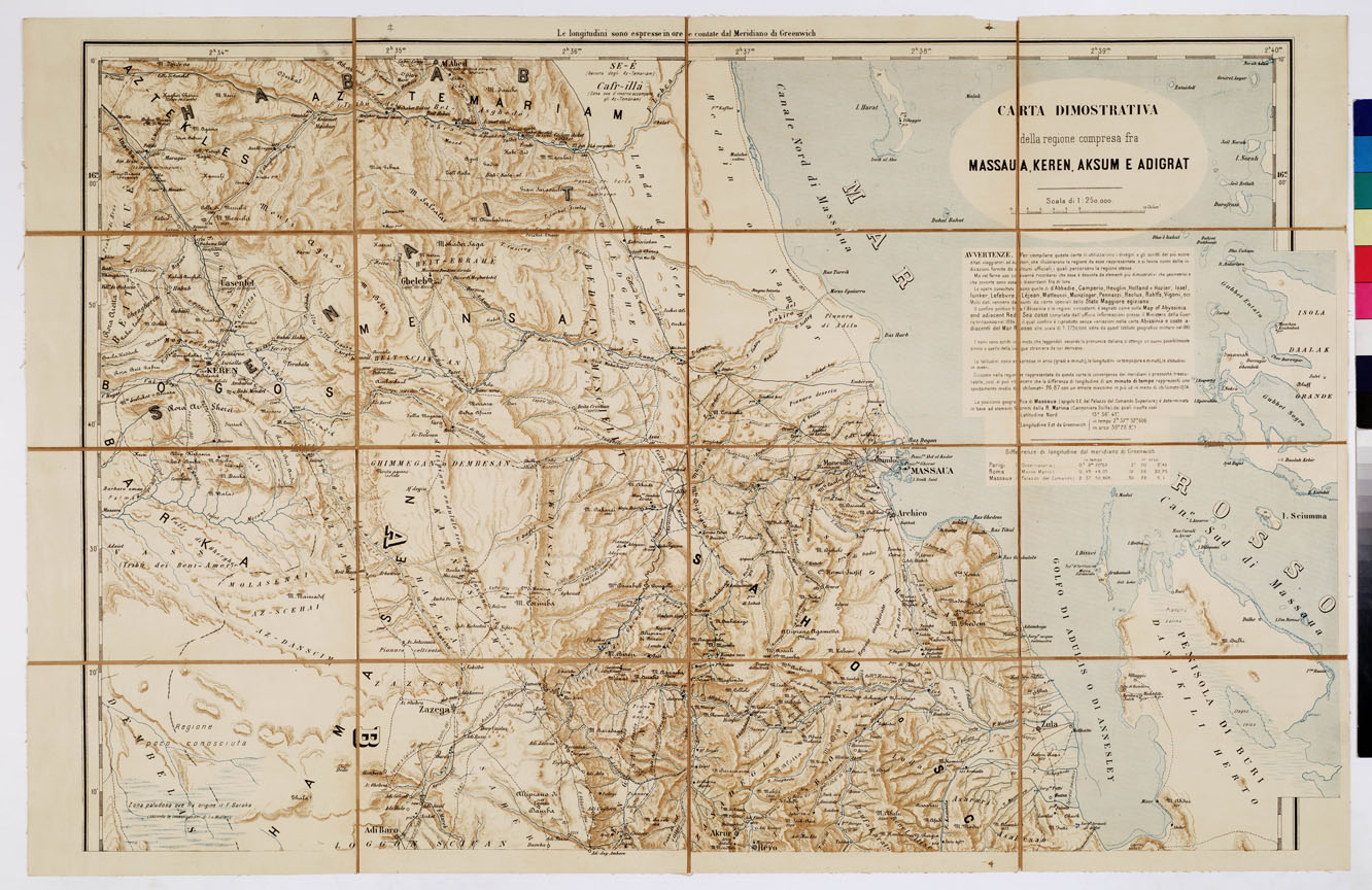 (N:4451) CARTA DIMOSTRATIVA DELLA REGIONE COMPRESA FRA MASSAUA, AKSUN, KEREN E ADIGRAT - Foglio 1 (B0010322) Carte e stampe antiche: riproduzione a colori su carta (formato A1)