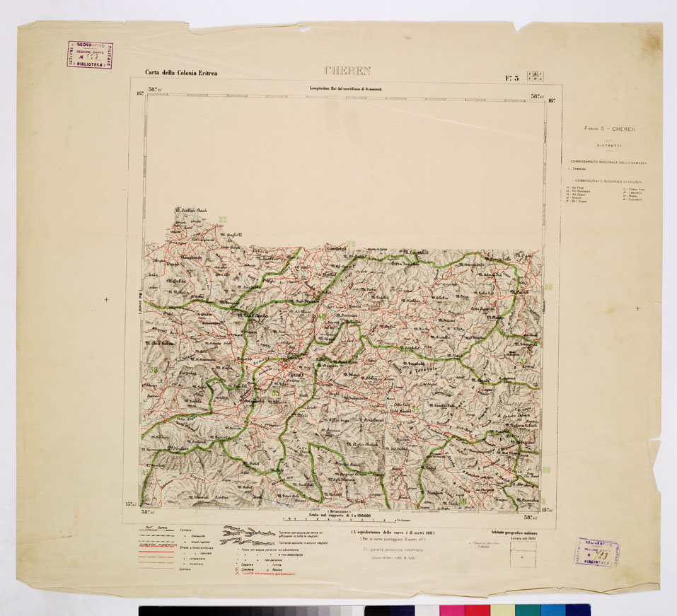(N:2885) CARTA DELLA COLONIA ERITREA CON L'INDICAZIONE E COLORI DELLE CIRCOSCRIZIONI - Foglio 3 - CHEREN (B0010410) Carte e stampe antiche: riproduzione a colori su carta (formato A1)