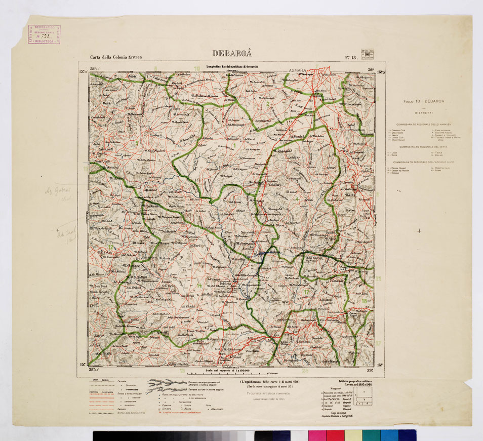 (N:2880) CARTA DELLA COLONIA ERITREA CON L'INDICAZIONE E COLORI DELLE CIRCOSCRIZIONI - Foglio 18 - DEBAROA (B0010414) Carte e stampe antiche: riproduzione a colori su carta (formato A1)