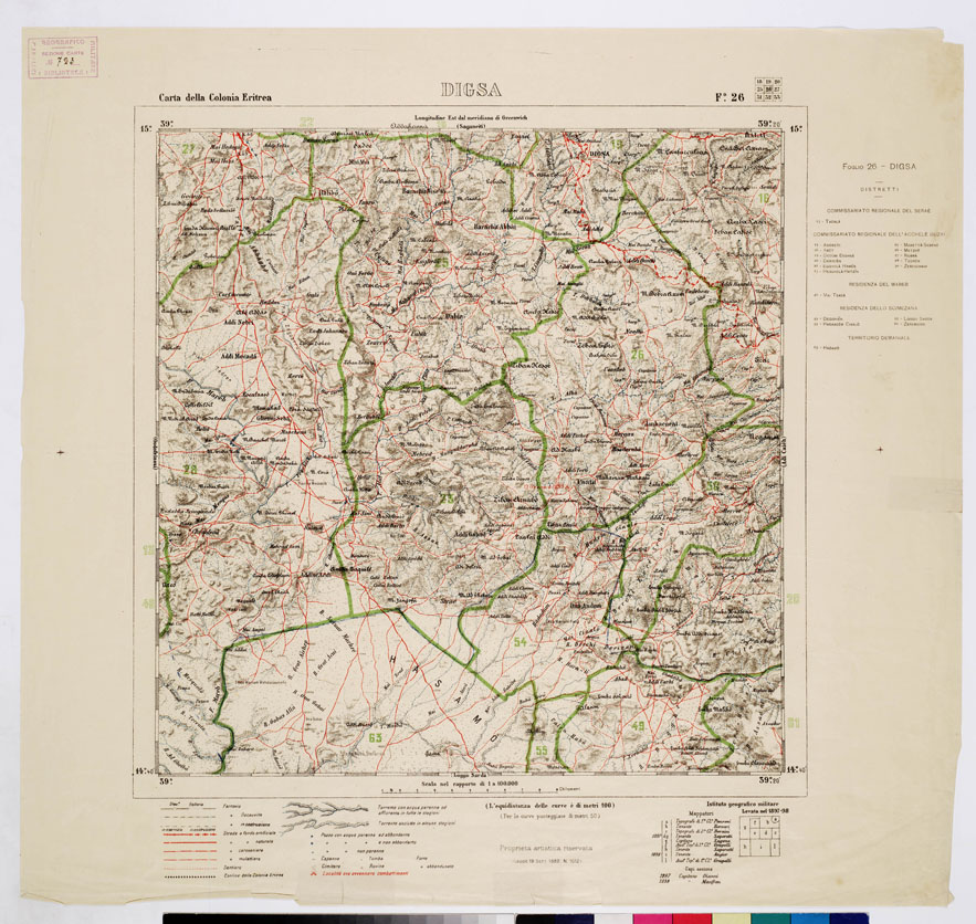(N:2883) CARTA DELLA COLONIA ERITREA CON L'INDICAZIONE E COLORI DELLE CIRCOSCRIZIONI - Foglio 26 - DIGSA (B0010417) Carte e stampe antiche: riproduzione a colori su carta (formato A1)