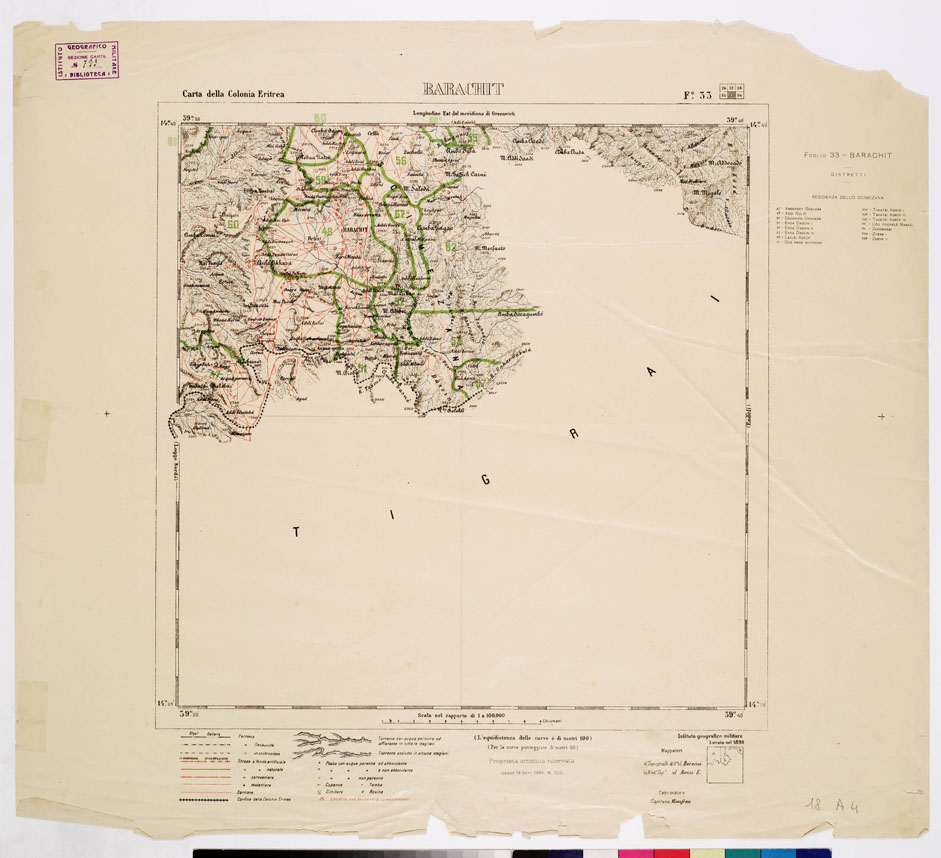 (N:2887) CARTA DELLA COLONIA ERITREA CON L'INDICAZIONE E COLORI DELLE CIRCOSCRIZIONI - Foglio 33 - BARACHIT (B0010420) Carte e stampe antiche: riproduzione a colori su carta (formato A1)