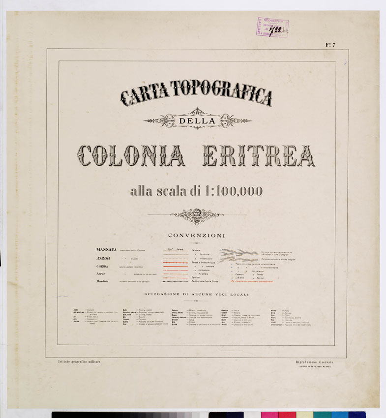 (N:2926) CARTA DELLA COLONIA ERITREA. I.G.M. - Foglio 7 - TITOLO (B0010463) Carte e stampe antiche: riproduzione a colori su carta (formato A1)