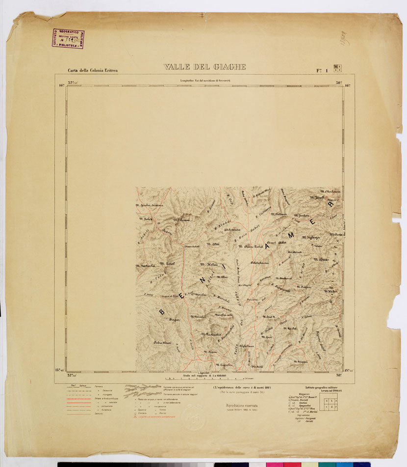 (N:2891) CARTA DELLA COLONIA ERITREA. I.G.M. - Foglio 1 - VALLE DEL GIAGHE (B0010464) Carte e stampe antiche: riproduzione a colori su carta (formato A1)