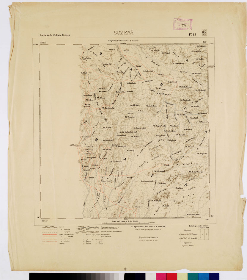 (N:2897) CARTA DELLA COLONIA ERITREA. I.G.M. - Foglio 15 - SUZENA (B0010477) Carte e stampe antiche: riproduzione a colori su carta (formato A1)