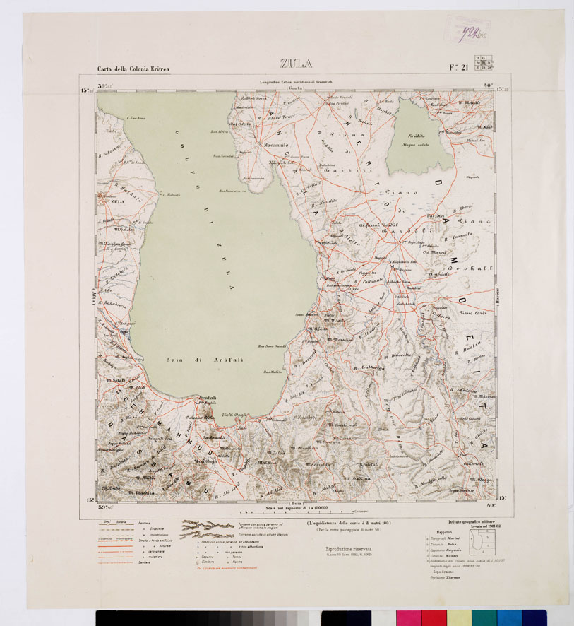 (N:2906) CARTA DELLA COLONIA ERITREA. I.G.M. - Foglio 21- ZULA (B0010484) Carte e stampe antiche: riproduzione a colori su carta (formato A1)