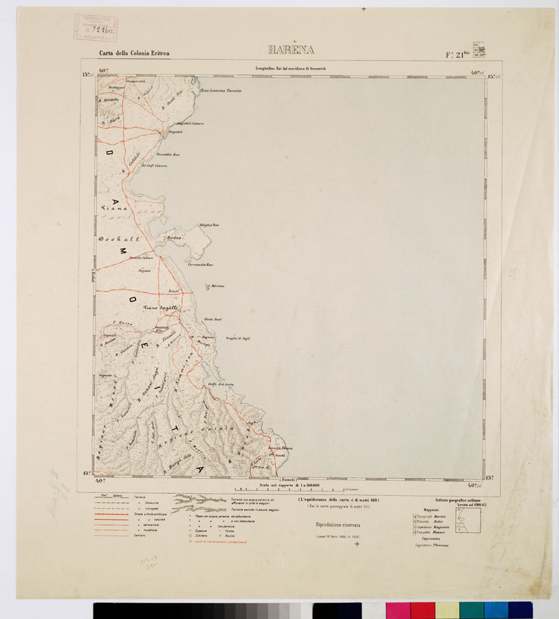 (N:2905) CARTA DELLA COLONIA ERITREA. I.G.M. - Foglio 21- HARENA (B0010485) Carte e stampe antiche: riproduzione a colori su carta (formato A1)