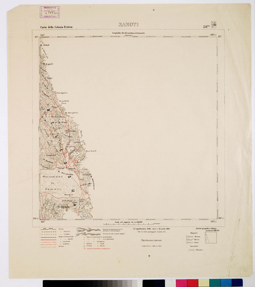 (N:2913) CARTA DELLA COLONIA ERITREA. I.G.M. - Foglio 28 bis - SAMOTI (B0010493) Carte e stampe antiche: riproduzione a colori su carta (formato A1)