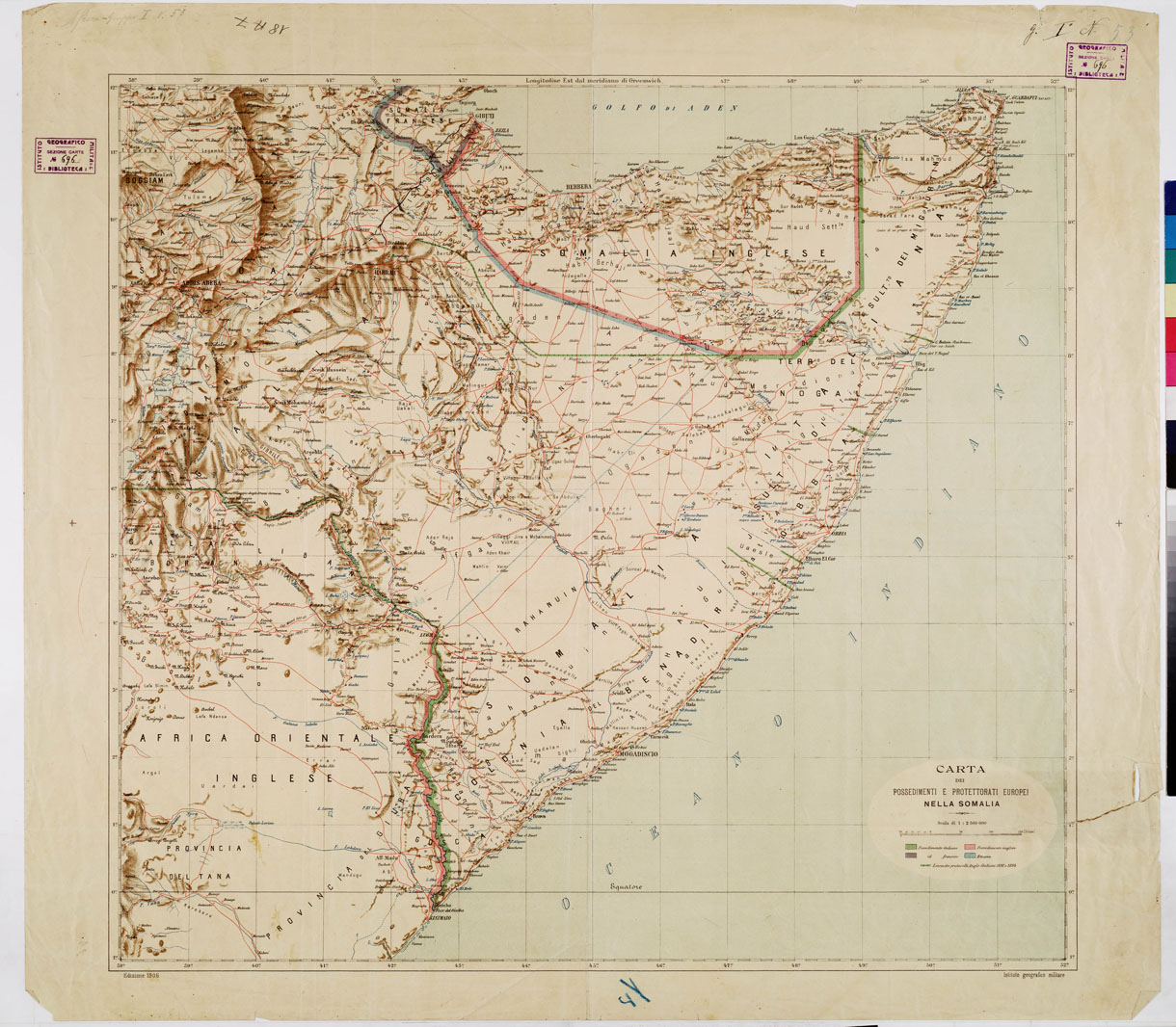 (N:1738) CARTA DEI POSSEDIMENTI E PROTETTORATI EUROPEI NELLA SOMALIA. (B0010516) Carte e stampe antiche: riproduzione a colori su carta (formato A1)