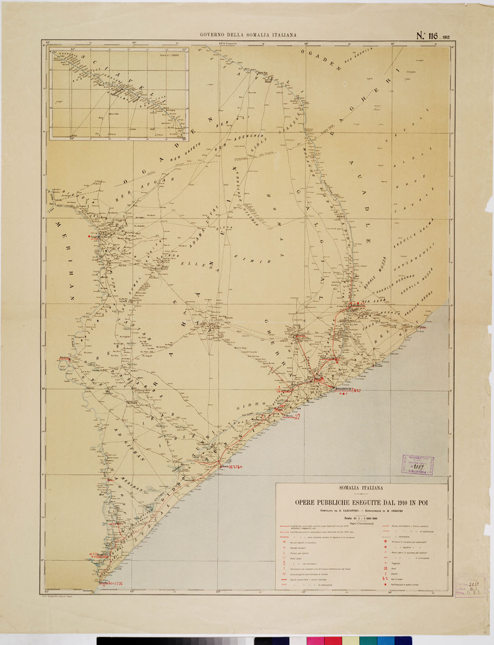 (N:13062) SOMALIA ITALIANA. OPERE PUBBLICHE ESEGUITE DAL 1910 IN POI. 
 (B0010589) Carte e stampe antiche: riproduzione a colori su carta (formato A1)