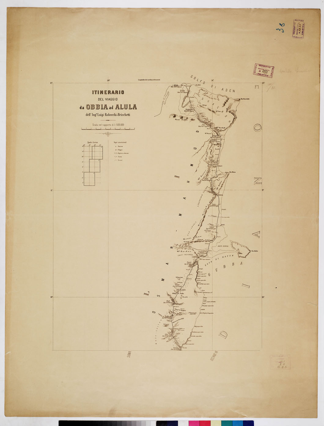 (N:10993) ITINERARIO DEL VIAGGIO DA OBBIA AD ALULA DELL'ING. LUIGI ROBECCHI BRICHETTI - Foglio 1 (B0010620) Carte e stampe antiche: riproduzione a colori su carta (formato A1)