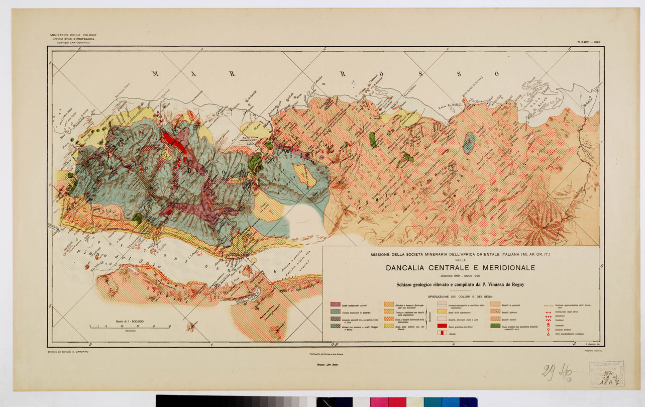 (N:9291) MISSIONE DELLA SOCIET MINERARIA DELL'AFRICA ORIENTALE ITALIANA NELLA DANCALIA CENTRALE E MERIDIONALE. 
Dicembre 1919 - marzo 1920. (B0010676) Carte e stampe antiche: riproduzione a colori su carta (formato A1)