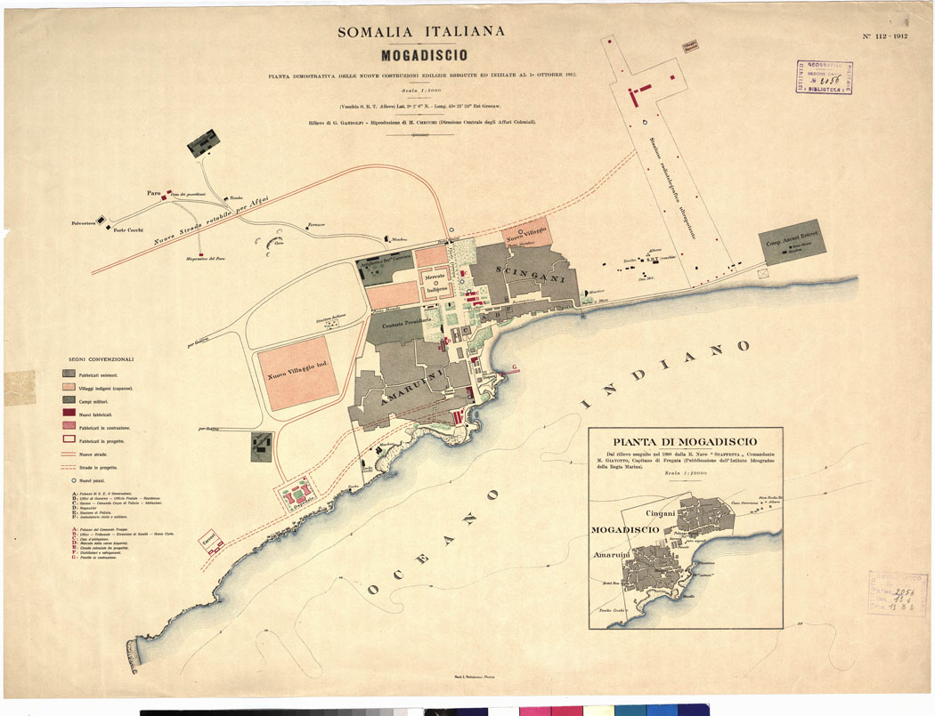 (N:12857) SOMALIA ITALIANA. MOGADISCIO. PIANTA DIMOSTRATIVA DELLE NUOVE COSTRUZIONI EDILIZIE ESEGUITE ED INIZIATE AL I OTTOBRE 1912. (B0010694) Carte e stampe antiche: riproduzione a colori su carta (formato A1)
