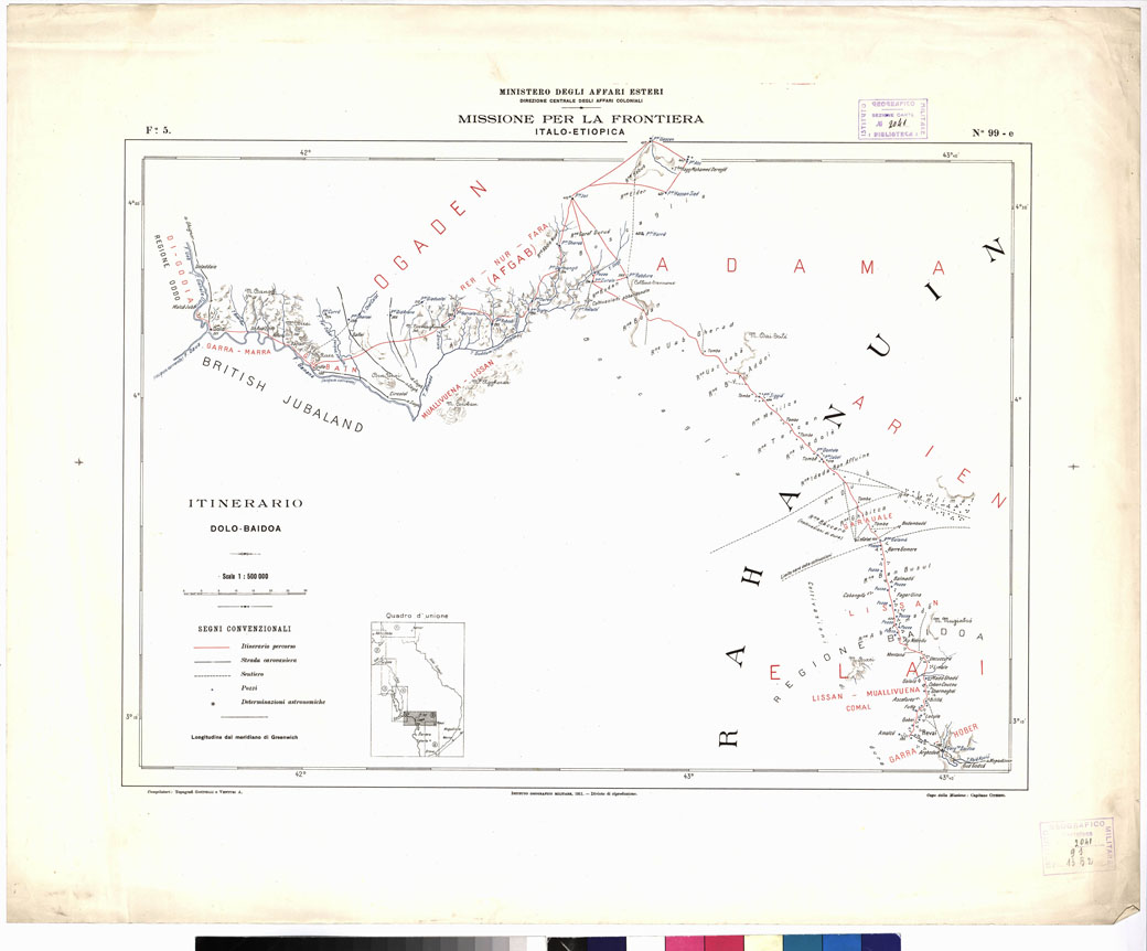 (N:12849) ITINERARIO HARRAR-BRAVA AL 500000
ITINERARIO DELLA MISSIONE PER LA FRONTIERA ITALO-ETIOPICA. Foglio 5 (B0010701) Carte e stampe antiche: riproduzione a colori su carta (formato A1)