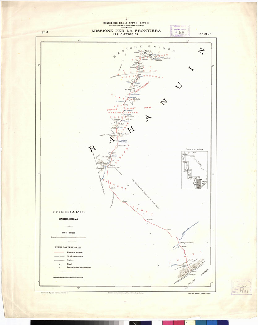 (N:12850) ITINERARIO HARRAR-BRAVA AL 500000
ITINERARIO DELLA MISSIONE PER LA FRONTIERA ITALO-ETIOPICA. Foglio 6 (B0010702) Carte e stampe antiche: riproduzione a colori su carta (formato A1)