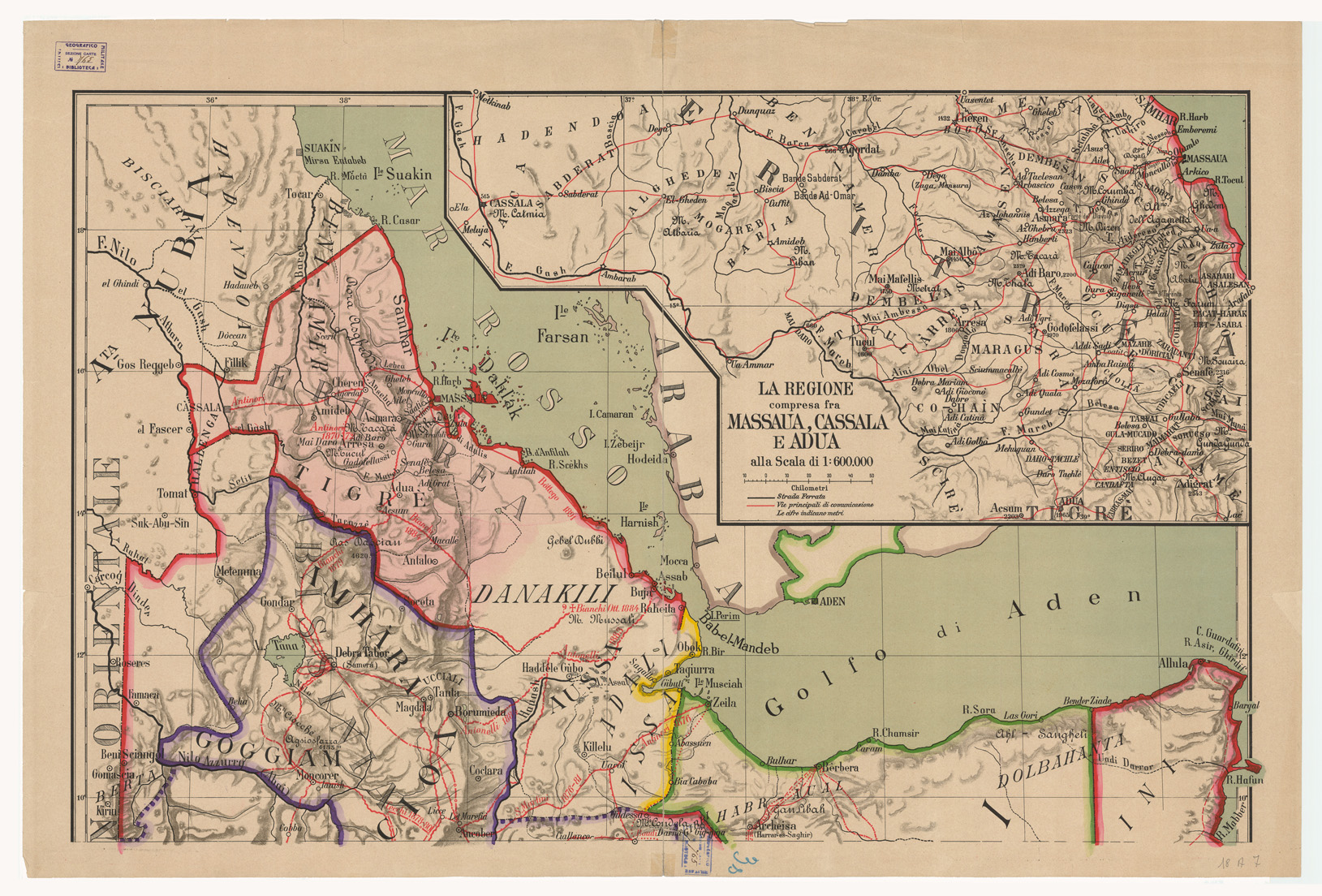 (N:5757) CARTA DEI POSSEDIMENTI ITALIANI IN AFRICA. ETIOPIA - ERITREA ED ABISSINIA - SOMALIA DEL PROF. G. DELLA VEDOVA - Foglio 2 (B0010713) Carte e stampe antiche: riproduzione a colori su carta (formato A1)