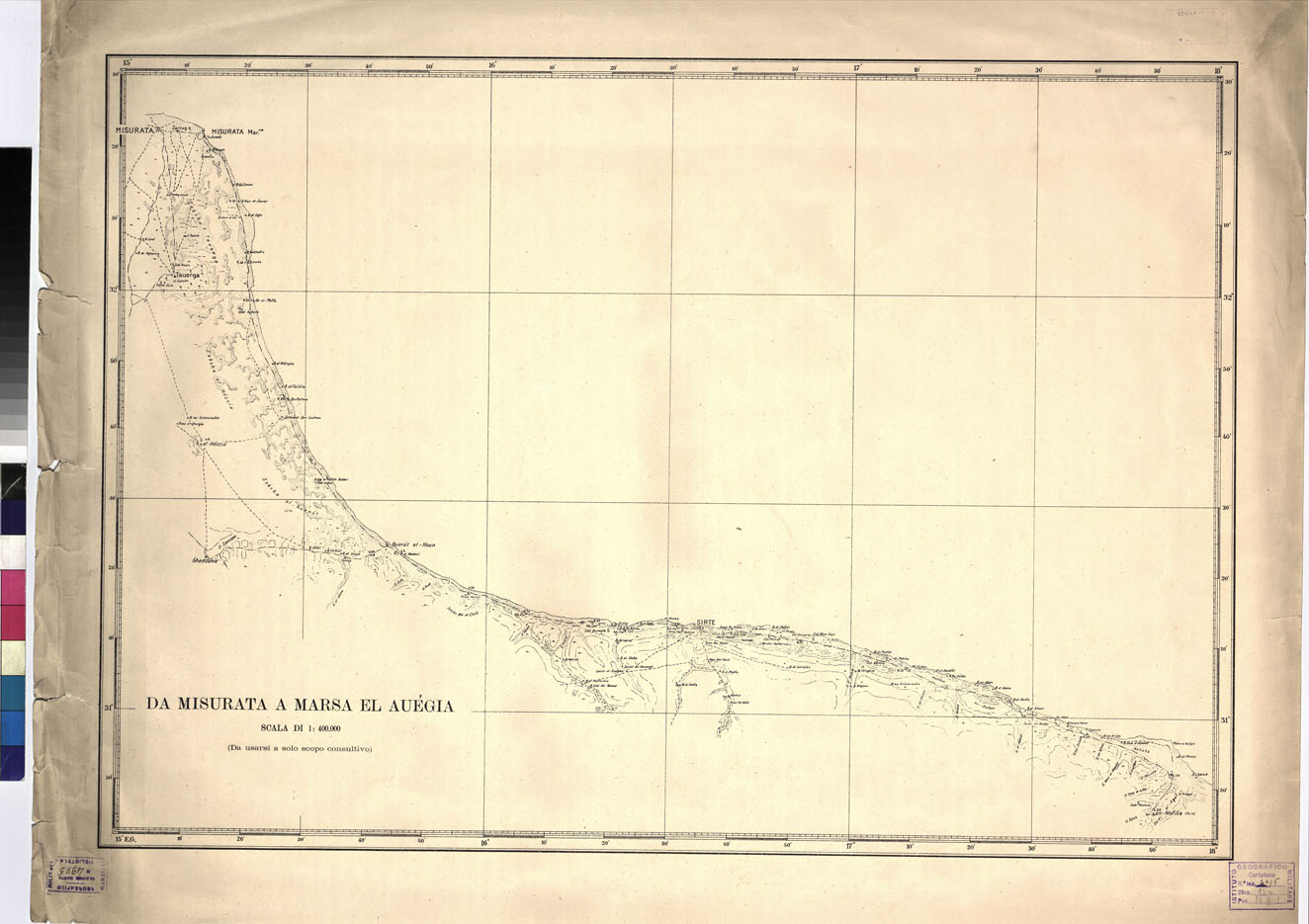 (N:3087) CARTA DELLA COSTA DA MISURATA A MARSA EL AUEGIA. (B0010918) Carte e stampe antiche: riproduzione a colori su carta (formato A1)