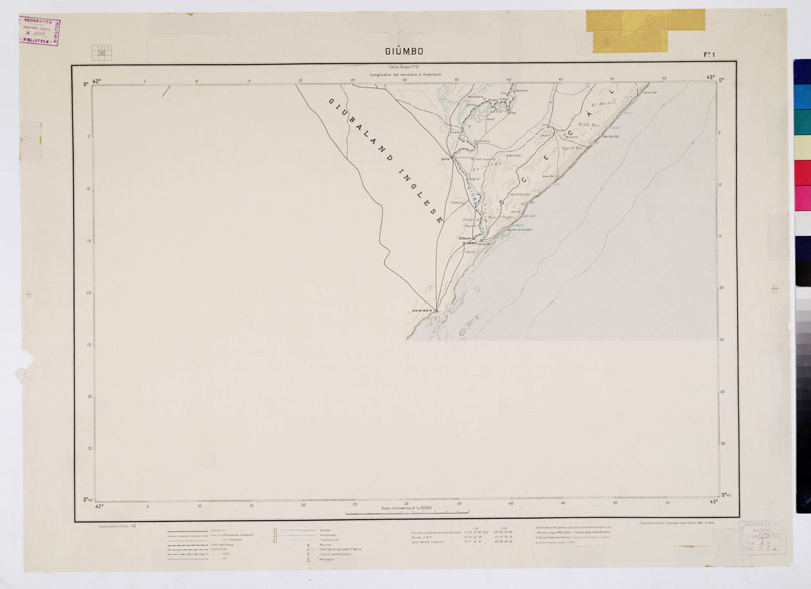 (N:4455) CARTA DIMOSTRATIVA DELLA SOMALIA ITALIANA. I.G.M. - Foglio 1 GIUMBO - a colori (B0010963) Carte e stampe antiche: riproduzione a colori su carta (formato A1)