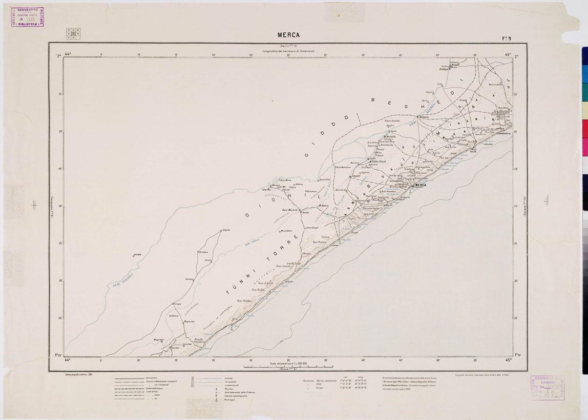 (N:4466) CARTA DIMOSTRATIVA DELLA SOMALIA ITALIANA. I.G.M. - Foglio 9 MERCA - a colori (B0010968) Carte e stampe antiche: riproduzione a colori su carta (formato A1)