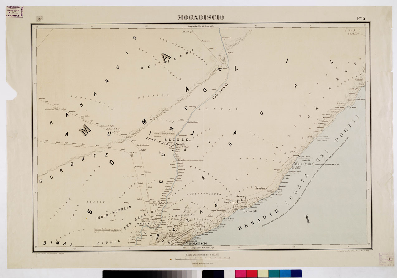 (N:3092) CARTA DELLA COSTA ORIENTALE D'AFRICA DA OBBIA A DAR - ES - SALAN E DELLA SOMALIA MERIDIONALE - Tavola 5 MOGADISCIO Foglio 5 (B0010983) Carte e stampe antiche: riproduzione a colori su carta (formato A1)