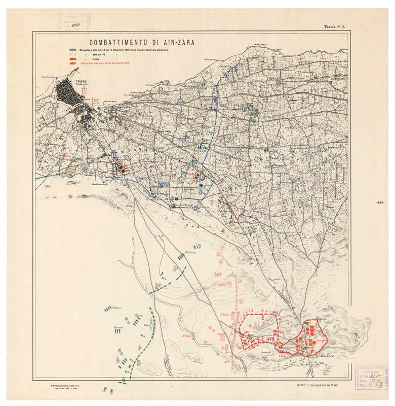 (N:9889) FORTIFICAZIONI DI TRIPOLI E DINTORNI - COMBATTIMENTO DI AIN ZARA - 4-5 dicembre 1911 -Tavola 5 (B0011003) Carte e stampe antiche: riproduzione a colori su carta (formato A1)