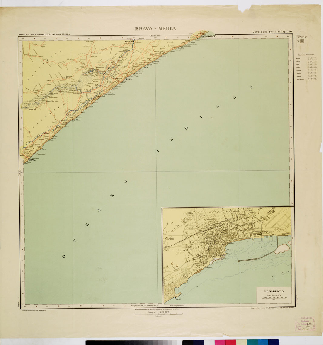 (N:3653) CARTA DELLA SOMALIA - Foglio 20 BRAVA MERCA (B0011208) Carte e stampe antiche: riproduzione a colori su carta (formato A1)