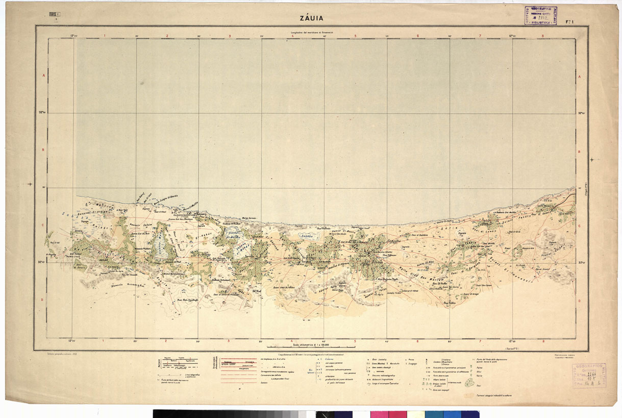 (N:7638) LIBIA AL 100.000.
Fogli 1, 2, 3 (ZAUIA, TRIPOLI, GARIAN). 
 (B0011228) Carte e stampe antiche: riproduzione a colori su carta (formato A1)